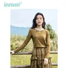 Women's T Shirts Inman Women Tees 2024 Autumn Long Sleeve Classic Contrasting Ribbed Collar Slim Fit T-shirt broderi Chic Apricot Coffee