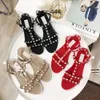 2J01 High-End Womens Shoes Top Production Summer Jelly Womens Valentino Shoes Rivet Rubber Sandals Non-Slip Flat Shoes Beach Shoelaces Shoe