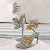 Rene Rhinestone Flower Decoration Sandals Caovilla Stiletto 여성 이브닝 드레스 신발 9.5cm Real Silk Serpentine Wraparound 고급 디자이너 여성 하이힐 35-43