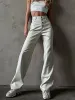 Capris Cryptographic Mode Blanc PU Cuir Pantalon Taille Haute Streetwear Boutonné Décontracté Pantalon Jambe Droite pour Femmes Pantalons Pantalons