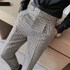 British Style Men High Waist Business Dress Pants Fashion Houndstooth Office Social Suit Pants Wedding Groom Casual Trousers Men 240219