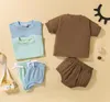 Ensembles de vêtements pour bébés, costume unisexe, couleur unie, col rond, manches courtes, hauts patchwork, short à bandes, fille et garçon, ensemble 7444796