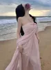 Casual Dresses Summer Pink Elegant Pleated High Waist Split Long Dress Women Fashion Backless Halter Strapless Fairy Female 2024 Vestido