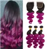 Virgin Brazilian 1Bpurple Ombre Human Hair Weave Bunds med stängning Purple Ombre Human Hair 3 Buntle Deals med spetsstängning 42605716