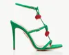 New Famous AQUAZZURA Cha Crystal Sandali con tacco alto verde Party Donna Scarpe eleganti con tacco alto Tacchi a spillo Muli Sfera di diamanti impreziosita in metallo Pelle di pecora punta aperta