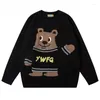 Suéter dos homens Harajuku listrado camisola de malha homens mulheres outono urso dos desenhos animados hip hop vintage oversize pulôver streetwear casual jumper