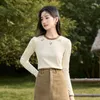 Women's T Shirts Inman Women Tees 2024 Autumn Long Sleeve Classic Contrasting Ribbed Collar Slim Fit T-shirt broderi Chic Apricot Coffee