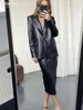 Robes de travail Clacive Fashion Black Pu Cuir Jupe Ensembles pour femmes 2 pièces élégants blazers à manches longues avec jupes taille haute costumes