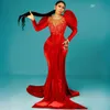 African Red Prom Dresses Evening Elegant Dresses for Special Occasions Mermaid Illusion Velvet Evening Gowns Formal Dresses Puffy Sleeves Beaded Lace Gowns AM453