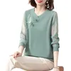 Damskie bluzki modne kwiaty haftowa bluzka swobodnie nadrukowana splicowana żeńska odzież O Neck Spring Autumn Folk Chińskie koszulę klamry dysku