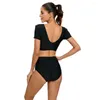 Costumi da bagno da donna Donna Sexy scollo a V profondo Tankini Set con top a maniche corte Fondo a vita alta Elastico Sprint Costumi da bagno da spiaggia 2024