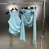 Robes de travail 3D fleur froncée deux pièces femmes jupe costume tenues 2024 été gilet sans manches hauts et jupes à glands irréguliers ensemble assorti