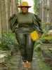 女性プラスサイズの2ピーススーツ女性ニット長袖トップとパンツストリートウェアPUレザー衣装卸売バルクドロップ240220