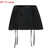 Y2K Zipper Laceup Mini Skirts Shorts Sashes Pleated Brown Grey White Blogger Streetwear Sexy Outfit Bottom 240227