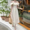 Casual Dresses Female Dress Holiday One-Neck Off-the-Shoulder Suspender Women's Summer French Temperament Stitching Ruffles Long