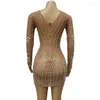 Scen Wear Sparkly Rhinestones Pearl Transparent kort klänning Födelsedagsfest Evening Celebrate Outfit Women Singer Bar Concert Dance Costume