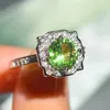 Cluster Rings 925 Silver Sparkling Olive Green Geometric Zircon Ring for Women Four Prong Diamond Party Birthday Present