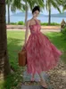 Sukienki swobodne francuskie różowe nadruk eleganckie wakacje długie 2024 Letnie urodziny wieczor