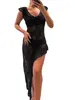 Robes décontractées Femmes Y2K Dentelle Robe transparente manches col en V transparent asymétrique coupe ajustée longue