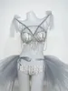 Stage Wear Sexy Bar Nightclub Disco Rave Outfit Sparkly Rhinestones Pearl Bikini Gray Tutu Skirt Music Festival Clothing DJ Costume