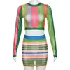 Skirts Two Piece Set Sexy Striped Print Sheer Mesh Women Long Sleeve Crop Top Mini Skinny Club Party Outfits Y2k Clothing