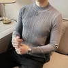 Plus Size 4XL-M Autumn Winter Half Turtleneck Stripe Sweater Men Elastic Knitting Pullover Korean Slim Solid Tight Sweater Tops 240219