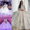 Luxurious Arabic Style A Line Wedding Gowns Long Sleeves Puffy Train Princess Sparkly Sequins Bridal Party Dresses Plus