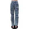 Pantalons pour femmes Femmes Mode Denim Cargo Multi 3D Poches Bouton Taille Haute Jeans Occasionnels Pantalon Droit Tout Match Streetwear