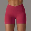 LU-627 Sticked Cross midja Yoga Shorts Sömlös andningsbar fast färgkörning Fitness 3/4 byxor för kvinnor sportträning slitage