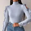 Blouses pour femmes Sexy évider à manches longues haut à volants 2024 printemps bureau chemise serrée élégant col roulé Pit Stripe Slim pull