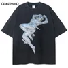 Винтажная футболка Уличная одежда Y2K Хип-хоп Ретро робот с графическим принтом Мытая футболка Harajuku Punk Gothic Свободные летние модные топы 240227
