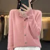 100% Merino Wool Clothing Womens Round Neck Cardigan Casual Loose Knit Top Spring and Autumn Fashion 240227