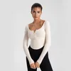 Camisas activas para mujer, camiseta de otoño ajustada para deportes, Fitness, manga larga, acolchada, Top de Yoga, entrenamiento, correr, cuello colgante, traje de gimnasio ajustado