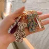 Keychains Lanyards Creative Rhinestone Bear Crystal Animal Keychains Leather Strap Lanyard Charms Accessories 240303