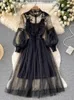 Robe tridimensionnelle pour femmes, crochet à fleurs, maille, tempérament, col montant, manches lanternes, taille haute, Slim, robes féminines, 240226