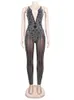 Kricesseen Sexy Strass Kristall Sheer Dünne Overalls Frauen Strap Mesh Patchwork s Strampler Nacht Clubwear Outfits 240301