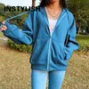 Women Zip Up Hooded Sweatshirts Vintage Oversized Hoodies Casual Solid Loose Coat Harajuku Y2K Aesthetic kpop Hoodies Streetwear 240301