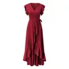 Casual Dresses V Neck Sexig Slit Festive Party Dress Solid Color A-Line Maxi For Women Summer Short Sleeve Elegant Evening