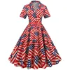 Casual Dresses Y2k Vintage Summer Dress Women'S American Style Star Striped Print Midi Lapel Button Ball Gown Floor Length Ladies