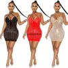 2024 Designer Rinestone Diamonds Sheer Mesh Mini Dress Donne Sexy Lace Up Halter BodyCon Night Club Abiti da festa alla massa all'ingrosso vestiti