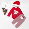 Set di abbigliamento 2024 Natale neonate 3 pezzi Set di vestiti in cotone a maniche lunghe con adesivi pagliaccetti a righe pantaloni cappello completo da bambino