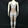 Abbigliamento da palcoscenico Tuta elasticizzata senza maniche stampata in pizzo con strass argento Compleanno Prom Festeggia il costume da body per feste da club bar