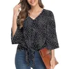 Women's Blouses Vintage V Neck Three Quarter Sleeve Shirt Blouse Women Elegant Flared Bow Tie Casual Loose Summer Top