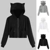 Harajuku Zip Up Croped Hoodies Tracksuit Sweatshirts For Teen Girls Kawaii Cat Ear Jackets Pocket Drawstring Hoody Sudaderas 240219