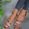 Sapatos de vestido 2024 moda fivela sandálias femininas verão aberto dedo do pé lantejoulas casual salto grosso para praia ao ar livre mulheres romanas