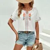 Women's Blouses Women Summer Tops Embroidered Flower Pattern V-neck Casual Breathable Loose Fit Short Sleeve Tee Shirt For A