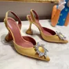 Amina Muaddi Fashion Dress Shoes Hoge Heel Crystal Decoratieve gesp pomp Pompschoenen Spool Dames Luxe Designer Wedding Schoen Casual Satijnen Sandalen