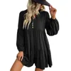 Casual Dresses Ladies Long Sleeve V Neck Button Solid Color Stitching Dress Slim Women Gloves