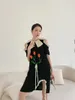 Casual Dresses Cheerart Designer Cold Shoulder Floral Patch Summer Dress for Women 2024 Black Short Sleeve Cute Korean Fashion Mini