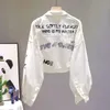 Women White Embroidery Denim Jacket Spring Cartoon Sequined Letters Printed Bomber Coat Loose Jeans Cardigan Long-sleeved Tops 240301